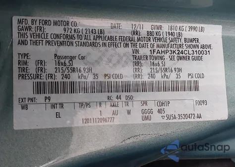 2012 Ford Focus Se z USA, uszkodzony, nr VIN 1FAHP3K24CL310031
